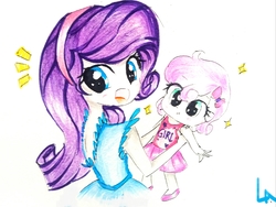 Size: 2821x2120 | Tagged: safe, artist:liaaqila, rarity, sweetie belle, equestria girls, g4, :t, female, high res, looking over shoulder, open mouth, simple background, sisters, traditional art, white background, younger