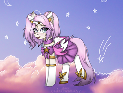 Size: 1024x768 | Tagged: safe, artist:cottonaime, oc, oc only, art trade, blushing, choker, clothes, crossover, cute, league of legends, looking at you, lux, solo, sparkles, standing, star guardian lux, stars, stockings, thigh highs