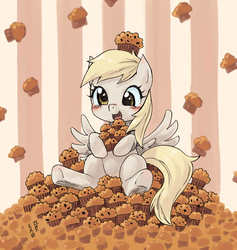Size: 1000x1055 | Tagged: safe, artist:yanamosuda, derpy hooves, pony, g4, cute, derp, derpabetes, female, food, hnnng, mare, muffin, open mouth, smiling, solo, that pony sure does love muffins, weapons-grade cute
