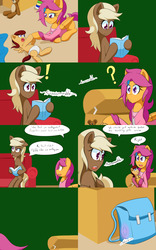 Size: 2000x3200 | Tagged: safe, artist:jake heritagu, scootaloo, oc, oc:sandy hooves, pony, comic:ask motherly scootaloo, g4, book, comic, couch, glowing, hairpin, high res, motherly scootaloo, saddle bag, sweatshirt, teddy bear, toy, toy box