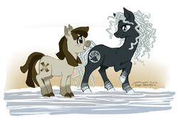 Size: 900x596 | Tagged: safe, artist:taritoons, oc, oc:black isle, oc:inxile, pony, beach, black isle studios, inxile entertainment, pair, ponified