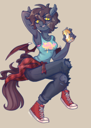 Size: 950x1324 | Tagged: safe, artist:trgreta, oc, oc only, oc:ventress, bat pony, anthro, plantigrade anthro, armpits, clothes, converse, full body, jeans, pants, ripped jeans, ripped pants, shoes, solo