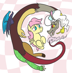 Size: 612x616 | Tagged: safe, artist:jargon scott, discord, fluttershy, draconequus, pegasus, pony, g4, abstract background, butterscotch, duo, eris, rule 63
