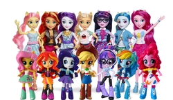 Size: 1600x929 | Tagged: safe, screencap, applejack, fluttershy, pinkie pie, rainbow dash, rarity, sci-twi, sunset shimmer, twilight sparkle, equestria girls, g4, boots, clothes, comparison, doll, dress, equestria girls minis, glasses, hascon, hat, humane five, humane seven, humane six, irl, jacket, photo, shoes, skirt, toy