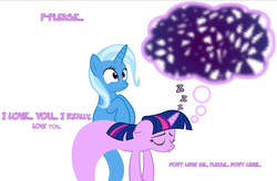 Size: 1024x672 | Tagged: safe, artist:navitaserussirus, trixie, twilight sparkle, genie, pony, unicorn, asktwixiegenies, g4, breakup, cropped, crying, dream, eyes closed, female, lesbian, mare, nightmare, sad, ship:twixie, shipping, simple background, sleeping, species swap, teary eyes, white background, zzz