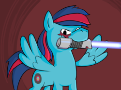 Size: 1148x851 | Tagged: safe, artist:cobaltsketch, oc, oc only, oc:kaevorrvector, pegasus, pony, twilight sparkle's secret shipfic folder, abstract background, cutie mark, lightsaber, multicolored hair, scar, scowl, solo, star wars, weapon