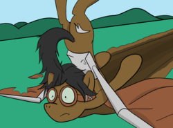 Size: 1148x851 | Tagged: safe, artist:cobaltsketch, oc, oc only, oc:metallic alloy wing, earth pony, pony, twilight sparkle's secret shipfic folder, crash, cutie mark, goggles, prosthetic wing, prosthetics, shocked expression, simple background, solo, story included