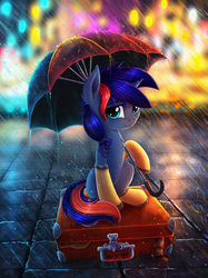 Size: 2989x4000 | Tagged: safe, artist:atlas-66, oc, oc only, oc:ryo, pony, unicorn, city, female, looking at you, mare, rain boots, smiling, solo, suitcase, umbrella