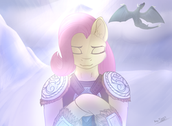 Size: 3000x2200 | Tagged: safe, artist:ray-frost, fluttershy, dragon, pegasus, pony, g4, armor, crossover, dovahkiin, dovahshy, high res, skyrim, solo focus, the elder scrolls