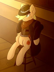 Size: 1200x1600 | Tagged: safe, artist:ray-frost, applejack, earth pony, pony, g4, alternate cutie mark, chair, clothes, cowboy hat, female, gun, hat, neckerchief, photo, solo, weapon, western
