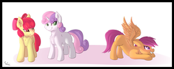 Size: 3000x1200 | Tagged: safe, artist:ray-frost, apple bloom, scootaloo, sweetie belle, earth pony, pegasus, pony, unicorn, g4, behaving like a cat, colored pupils, crouching, cutie mark crusaders, face down ass up, looking at butt, meme, scootabutt, trio