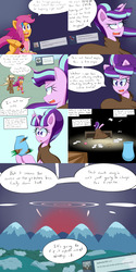 Size: 2000x4000 | Tagged: safe, artist:jake heritagu, scootaloo, starlight glimmer, oc, oc:lightning blitz, earth pony, pegasus, pony, comic:ask motherly scootaloo, g4, ask, baby, baby pony, cloak, clothes, colt, comic, crate, cup, dialogue, female, flashback, hairpin, holding a pony, male, mother and son, motherly scootaloo, offspring, older, older scootaloo, paper, parent:rain catcher, parent:scootaloo, parents:catcherloo, pencil, snow, speech bubble, sweatshirt, table, teacup, time glitch, tumblr, vase