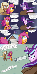 Size: 2000x4000 | Tagged: safe, artist:jake heritagu, scootaloo, starlight glimmer, oc, oc:lightning blitz, oc:sandy hooves, earth pony, pegasus, pony, comic:ask motherly scootaloo, g4, ask, baby, baby pony, cloak, clothes, colt, comic, dialogue, doctor who, female, hairpin, holding a pony, male, mother and son, motherly scootaloo, offspring, older, older scootaloo, parent:rain catcher, parent:scootaloo, parents:catcherloo, snow, speech bubble, sweatshirt, tardis, tumblr