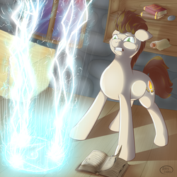 Size: 2000x2000 | Tagged: safe, artist:ray-frost, oc, oc only, earth pony, pony, book, commission, high res, lightning, magic, solo
