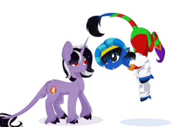 Size: 1024x762 | Tagged: safe, artist:php146, oc, oc only, oc:peeves, oc:spectre, earth pony, pony, unicorn, female, jester, male, mare, simple background, stallion, transparent background, unshorn fetlocks