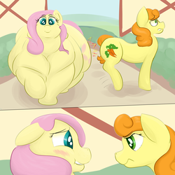 Size: 3500x3500 | Tagged: safe, artist:lupin quill, carrot top, fluttershy, golden harvest, earth pony, pegasus, pony, belly, big belly, blushing, bumping, carrot top is not amused, chubby cheeks, embarrassed, fat, fattershy, female, mare, morbidly obese, obese, ponyville, rolls of fat, unamused