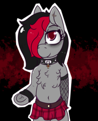 Size: 810x1000 | Tagged: safe, artist:lazerblues, oc, oc only, oc:miss eri, bags under eyes, bipedal, black and red mane, chest fluff, choker, clothes, collar, cute, ear piercing, fishnet stockings, miniskirt, moe, panties, piercing, plaid, skirt, solo, thong, two toned mane, underwear