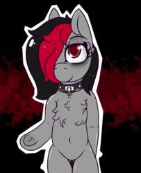 Size: 810x1000 | Tagged: safe, alternate version, artist:lazerblues, oc, oc only, oc:miss eri, bags under eyes, bipedal, black and red mane, chest fluff, choker, collar, solo, two toned mane, underhoof