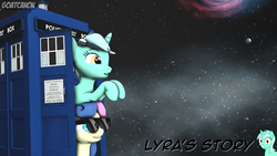 Size: 3840x2160 | Tagged: safe, artist:goatcanon, bon bon, lyra heartstrings, sweetie drops, comic:lyra's story, g4, 3d, crossover, doctor who, high res, implied doctor whooves, portal (valve), source filmmaker, space core, sunglasses, tardis