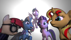 Size: 4000x2250 | Tagged: safe, artist:dreadmaster231, moondancer, starlight glimmer, sunset shimmer, trixie, twilight sparkle, alicorn, pony, unicorn, g4, 3d, blank eyes, counterparts, female, mare, source filmmaker, twilight sparkle (alicorn), twilight's counterparts