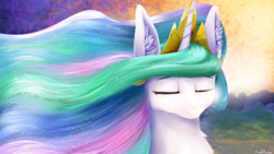 Size: 1920x1080 | Tagged: safe, artist:finalaspex, princess celestia, g4, bust, eyes closed, morning, raising the sun, smiling, wallpaper