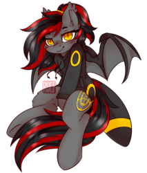 Size: 2558x3000 | Tagged: safe, artist:ruef, oc, oc only, oc:tomoko tanue, bat pony, umbreon, fallout equestria, clothes, fangs, female, grin, high res, hoodie, mare, pokémon, smiling, sweater