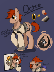 Size: 716x960 | Tagged: safe, artist:wulfanite, oc, oc only, oc:ochre, clothes, colour reference, insomnia, mug, ponysona, reference sheet, senpai, simple background, sweater