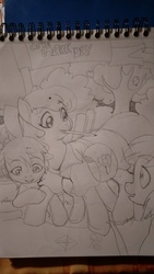 Size: 2368x4208 | Tagged: safe, artist:jeremy3, apple bloom, oc, pony, g4, clothes, dress, monochrome, notebook, older, pencil, pencil drawing, saddle bag, teacher, traditional art