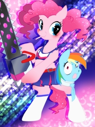 Size: 1200x1600 | Tagged: safe, artist:nabe, pinkie pie, rainbow dash, earth pony, pony, g4, bipedal, candy, chainsaw, disembodied head, female, food, lollipop, lollipop chainsaw, looking at you, mare