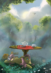 Size: 2067x2953 | Tagged: safe, artist:mechagen, angel bunny, fluttershy, human, pegasus, pony, rabbit, fanfic:the youth in the garden, g4, american civil war, animal, fanfic, fanfic art, garden, high res, scenery, scenery porn, signature, soldier, table