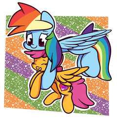 Size: 2310x2408 | Tagged: safe, artist:hedgehog-plant, rainbow dash, scootaloo, pegasus, pony, g4, abstract background, carrying, cute, cutealoo, dashabetes, duo, female, filly, flying, high res, holding a pony, mare, scootalove, smiling