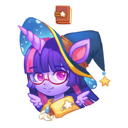 Size: 800x800 | Tagged: safe, artist:kongyi, twilight sparkle, alicorn, human, g4, book, bust, eared humanization, female, glasses, hat, horn, horned humanization, humanized, looking at you, simple background, solo, twilight sparkle (alicorn), white background, wizard hat