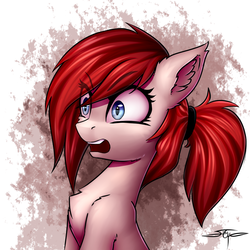 Size: 1000x1000 | Tagged: safe, artist:setharu, oc, oc only, oc:unnamed pegasus, earth pony, pony, fallout equestria, bust, chest fluff, ear fluff, female, mare, open mouth, ponytail, portrait, solo, wide eyes