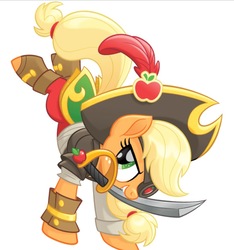 Size: 816x870 | Tagged: safe, artist:glittertiara, applejack, earth pony, pony, g4, my little pony: the movie, applebucking, eyepatch, female, freckles, hat, mare, pirate hat, simple background, solo, sword, weapon, white background