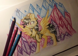Size: 1595x1152 | Tagged: safe, artist:woonborg, daring do, pegasus, pony, spider, g4, cheek fluff, chest fluff, clothes, colored pencil drawing, crystal, ear fluff, hat, raised hoof, scared, signature, spread wings, surprised, traditional art, wings