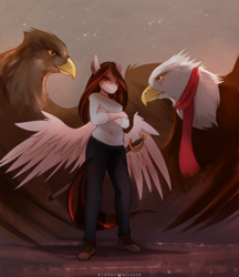 Size: 1210x1400 | Tagged: safe, artist:foxinshadow, oc, oc only, unnamed oc, bald eagle, eagle, pegasus, anthro, plantigrade anthro, anthro oc, clothes, commission, crossed arms, female, looking at you, mare, pants, smiling, sword, weapon