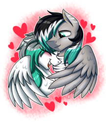 Size: 2000x2300 | Tagged: safe, artist:jack-pie, oc, oc only, pegasus, pony, blushing, bust, commission, couple, eyes closed, female, heart, high res, love, male, mare, oc x oc, open mouth, shipping, smiling, stallion, straight