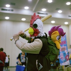 Size: 3144x3146 | Tagged: safe, scootaloo, chicken, human, bronycon, g4, clothes, color, cosplay, costume, funny, high res, hotline miami, implied scootachicken, irl, irl human, jacket, meme, photo, scootachicken, scootaloo's parents, varsity jacket
