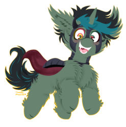 Size: 1024x1035 | Tagged: safe, artist:vanillaswirl6, oc, oc only, unnamed oc, pony, unicorn, armor, blank flank, cape, cheek fluff, chest fluff, chibi, clothes, colored eyelashes, colored pupils, commission, ear fluff, fluffy, heterochromia, hoof fluff, looking at you, male, mid-air, offspring, open mouth, parent:king sombra, parent:lyra heartstrings, sharp teeth, signature, simple background, slit pupils, solo, sombra x lyra heartstrings, stallion, teeth, transparent background