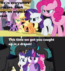 Size: 1280x1396 | Tagged: safe, edit, edited screencap, screencap, applejack, fluttershy, pinkie pie, rarity, twilight sparkle, changeling, a canterlot wedding, g4, all insane kids, bionicle, canterlot castle, caught up in a dream, lego, lyrics, song reference, surrounded, text, web of shadows