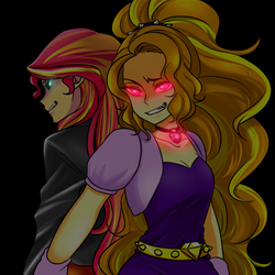 Size: 1000x1000 | Tagged: safe, alternate version, artist:raika0306, adagio dazzle, sunset shimmer, equestria girls, g4, black sclera, breasts, cleavage, clothes, duo, evil smile, female, gem, glowing eyes, grin, jacket, lesbian, ship:sunsagio, shipping, simple background, siren gem, smiling, sunset satan