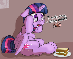 Size: 4840x3920 | Tagged: safe, artist:pabbley, twilight sparkle, alicorn, pony, g4, derail in the comments, dialogue, discussion in the comments, drool, female, flower, food, heart, implied equestria girls, mare, meat, omnivore twilight, plate, ponies eating meat, ponies wanting to eat meat, sandwich, she knows, sitting, twilight sparkle (alicorn)