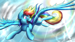 Size: 5760x3300 | Tagged: safe, artist:xeirla, rainbow dash, pegasus, pony, g4, absurd resolution, chest fluff, cloud, female, flying, happy, looking back, mare, sky, solo, spread wings, sun, wings