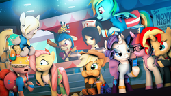 Size: 1920x1080 | Tagged: safe, artist:sourcerabbit, applejack, derpy hooves, fluttershy, juniper montage, pinkie pie, rainbow dash, rarity, sunset shimmer, twilight sparkle, oc, pony, g4, 3d, cellphone, cinema, clothes, equestria girls outfit, equestria girls ponified, laughing, phone, ponified, puffy cheeks, smartphone, source filmmaker