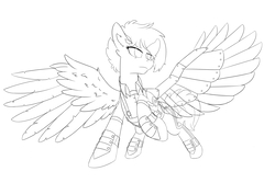 Size: 3000x2000 | Tagged: safe, artist:periodicbrony, rainbow dash, pegasus, pony, g4, alternate timeline, amputee, apocalypse dash, augmented, black and white, clothes, crystal war timeline, ear fluff, female, grayscale, high res, lineart, mare, monochrome, prosthetic limb, prosthetic wing, prosthetics, rainbow dash always dresses in style, simple background, solo, white background