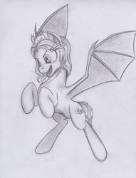 Size: 1605x2096 | Tagged: safe, artist:scribblepwn3, oc, oc only, oc:sunset glow, bat pony, pony, flying, monochrome, pencil drawing, solo, traditional art