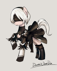 Size: 699x867 | Tagged: safe, artist:dantewontdie, android, gynoid, pony, 2b, blindfold, boots, clothes, dress, female, gray background, mare, nier: automata, ponified, raised hoof, shoes, simple background, smiling, solo, stockings, thigh highs