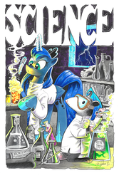 Size: 3300x4944 | Tagged: safe, artist:andypriceart, princess luna, tiberius, g4, beaker, bone, book, chemistry, clothes, dr jekyll and mr hyde, erlenmeyer flask, goggles, lab coat, laboratory, magic, movie reference, science, skull, test tube, traditional art, young frankenstein