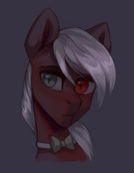 Size: 1679x2160 | Tagged: safe, artist:share dast, oc, oc only, pony, bowtie, bust, heterochromia, male, portrait, simple background, slit pupils, solo, stallion