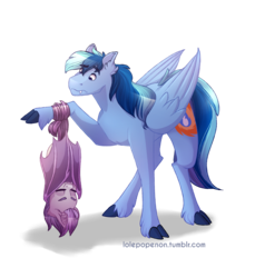 Size: 1556x1696 | Tagged: dead source, safe, artist:lolepopenon, oc, oc only, oc:sunny sheila, oc:umami stale, bat pony, pegasus, pony, bat wings, cloven hooves, confused, cute, duo, fangs, hanging, prehensile tail, simple background, size difference, sleeping, transparent background, unshorn fetlocks